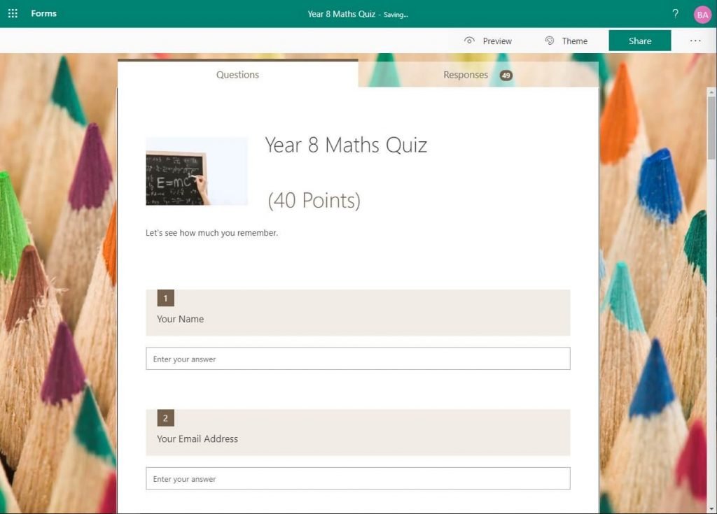 Create a self marking quiz using Microsoft Forms