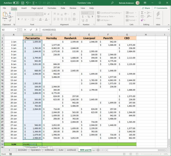 Using the SUM function in Excel