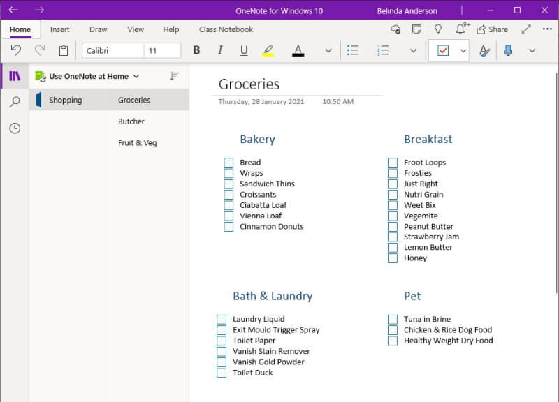 Create a shopping list in OneNote