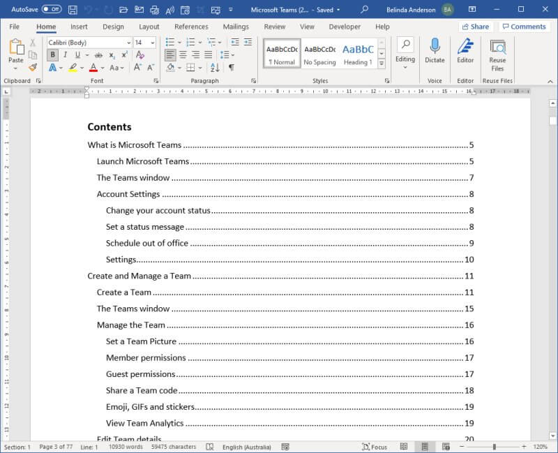 Table of Contents in Microsoft Word